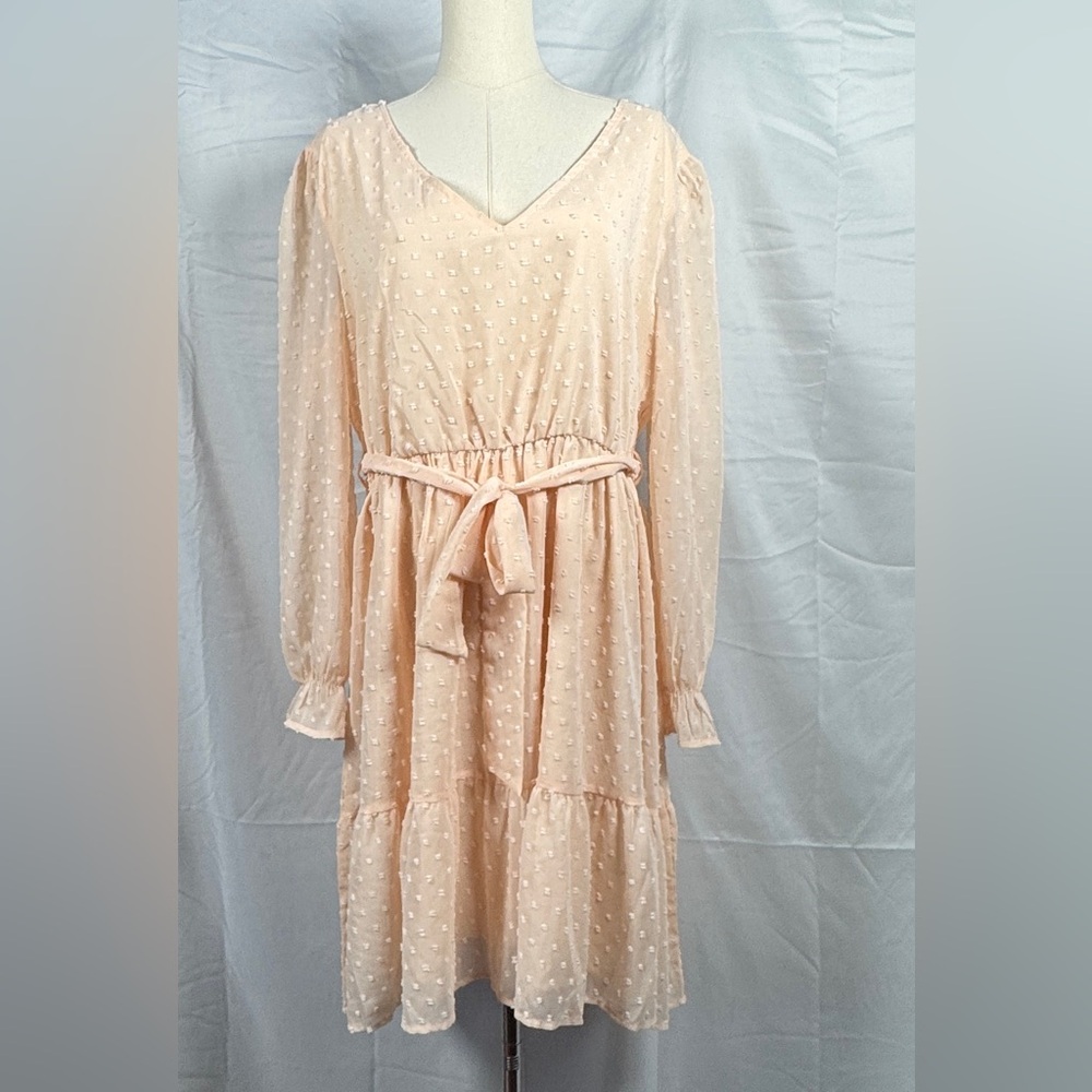 (XL) CLEARLOVE Peach Long Puffed Sleeve V-Neck Swiss Dots